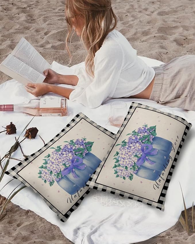 Hydrangea Outdoor Pillow Shams Set of 2, Decorative Pillowcases Cushion Case, Soft Throw Pillow Covers Waterproof Pillow Case 20x12 Inch, Purple Flowers in Jar Black Plaid Unfailing Love