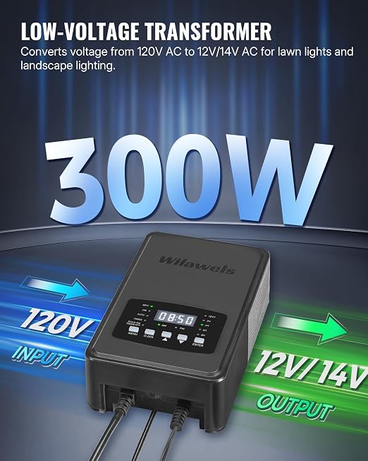 300W Low Voltage Landscape Transformer, Weatherproof Outdoor Low Voltage Transformer, 120V AC to 12/14V AC, Landscape Lighting Transformer with Timer and Photocell Sensor, ETL Listed D12LT06