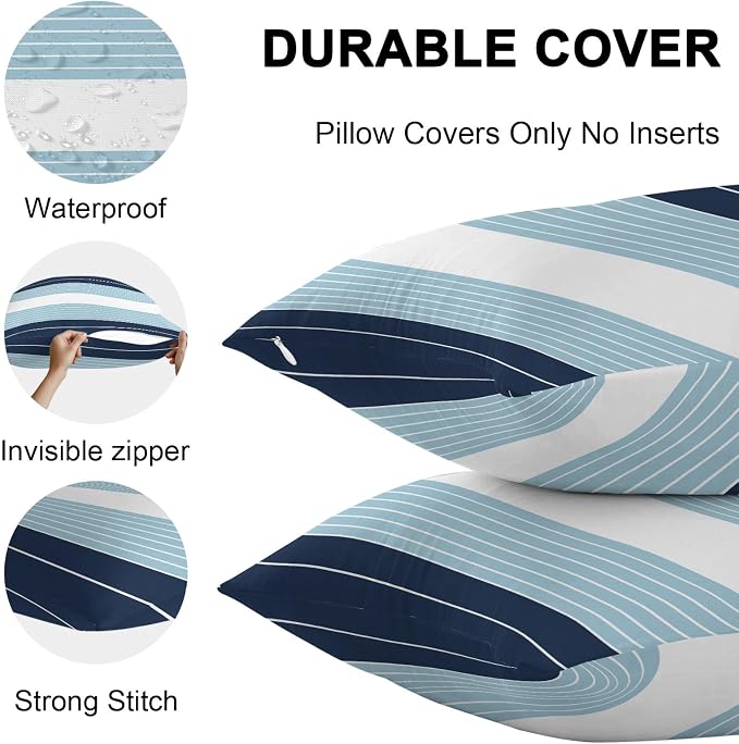 Navy Blue Aqua Stripe Outdoor Pillow Covers Waterproof, All Weather Cushion Case Set of 2, Modern Art Horizontal Striped Lumbar Pillowcase for Sofa Couch Bed Decor Patio Furniture 20"x12"