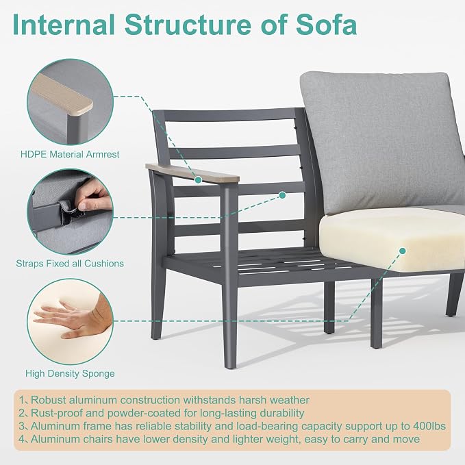 Aluminum Outdoor Patio Furniture Set with Swivel Rocking Chair 7-Seat, Patio Conversation Set Sectional Furniture Set with High Backrest & Thickened Cushions for Backyard, Grey
