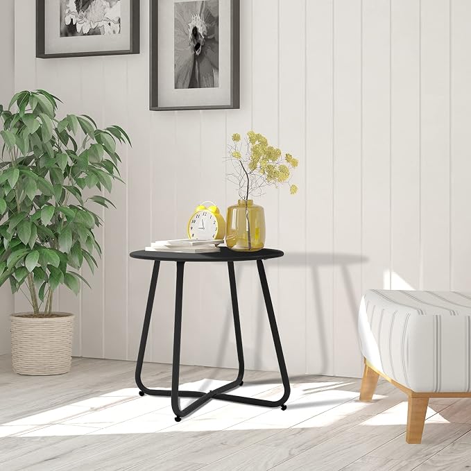 Outdoor Table Small Patio Side Table, Round Metal Side Table, Weatherproof, Portable, Outdoor End for Garden, Balcony, Yard (Black)