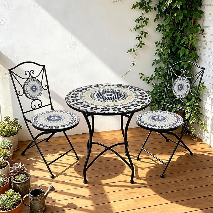 Folding Patio Chairs Set of 2 Mosaic Bistro Chair Outdoor Seating | Garden Patio Furniture Seating Heavy Duty Metal Frame Dining Chairs for Lawn Yard Balcony Porch Backyard Poolside