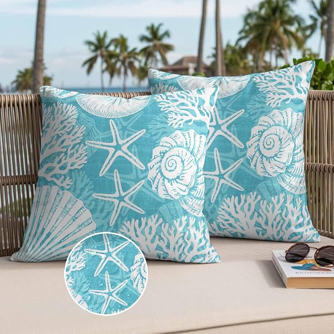 Outdoor Pillow Covers 20x20 Inch Set of 2, Teal Starfish Coastal Waterproof Throw Pillow Covers, Summer Coral Shell Beach Nautical Decorative Cushion Pillowcases for Couch, Sofa, Bed, Garden, Patio