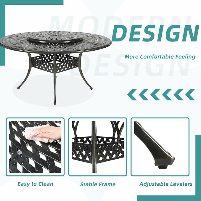 MEETWARM Outdoor 61" Round Patio Dining Table with Detachable Lazy Susan, All Weather Cast Aluminum Large Patio Furniture Table Set for 8 Seat with 31" Rotating Tray, Umbrella Hole, Dark Bronze