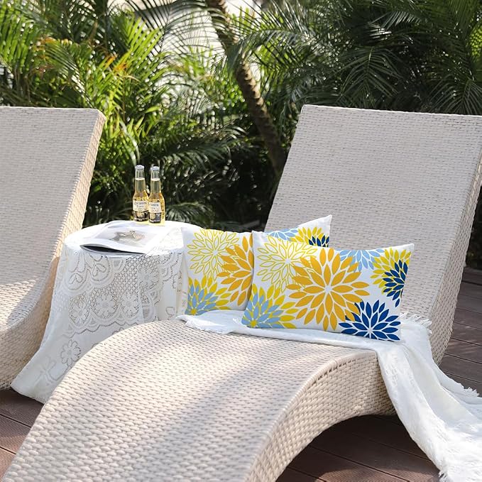 DFXSZ Outdoor Waterproof Pillow Covers 12x20 Set of 2 Yellow Blue Flower | Spring Summer Waterproof Flower Throw Pillowcases（No Inserts）Outdoor Decor for Patio Funiture Garden Polyester Covers