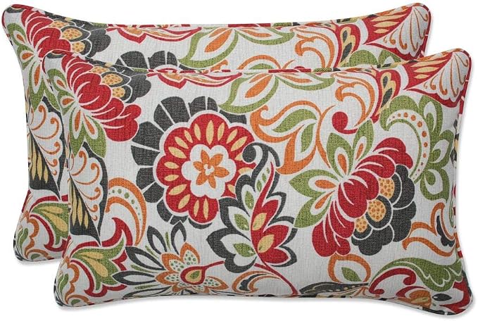Pillow Perfect Bright Floral Indoor/Outdoor Throw Pillows, 2 Count, Lumbar - 11.5" x 18.5", Green/Red Zoe