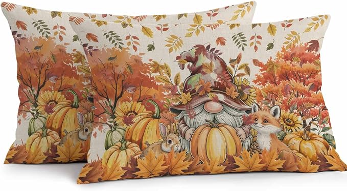 Fall Gnomes Pumpkin Outdoor Waterproof Pillow Covers, Maple Leaves Animal Country Vintage Decorative Rectangle Throw Pillowcase Sofa Cushion Sham for Patio/Couch/Chair, 20"x12" 2 Pack
