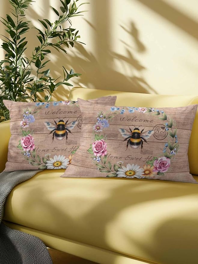 Outdoor Waterproof Throw Pillows Farmhouse Bee Flower Wreath Patio Pillows,Decorative Pillow Covers with Insert,Pillow Cushion Case for Garden Couch Sofa Farm Retro Wood Board