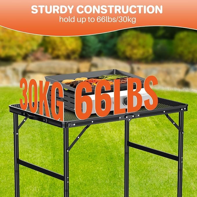FUNYKICH Wider and Taller Grill Table 31.5''x21.6'', Max Height 29.4'' Portable Camping Tables, 2 Height Adjustable Lightweight Metal BBQ Table with Carry Handle for Camping, Picnic, BBQ, Black