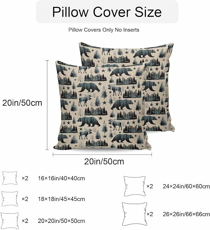 Vintage Bear Elk Cabin Outdoor Pillow Covers 20x20 Inch Throw Pillow Covers Set of 2 Waterproof Decorative Pillow Cases Farmhousee Pine Tree Rustic Cushion Covers for Patio Furniture Garden Couch Sofa