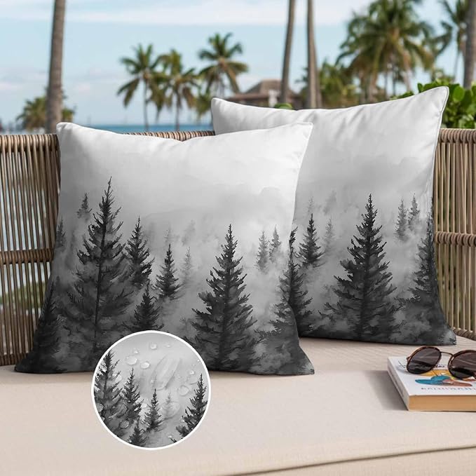 Retro Mist Forest Waterproof Outdoor Pillow Covers Set of 2 Home Decor, Watercolor Mountains Nature Landscape Pillowcase Patio Pillow Covers for Couch Bench Furniture Garden 26x26in