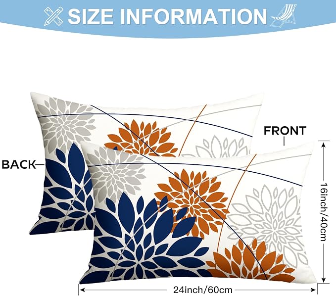 OTOSTAR Outdoor Dark Blue Orange Pillow Covers 16x24 Inch Set of 2 Beige Flower Throw Pillows Farmhouse Geometric Dahlia Floral Lumbar Cushion Case Waterproof Decor for Sofa Patio Funiture Garden