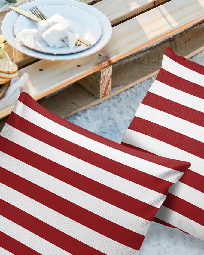 Outdoor Waterproof Pillow Covers for Patio Furniture Merry Christmas Decorative Throw Pillow Cover Red And White Stripes Pillowcases Set of 2 Cushion Case for Sofa Couch Chair Home Decor 24 x 24 In
