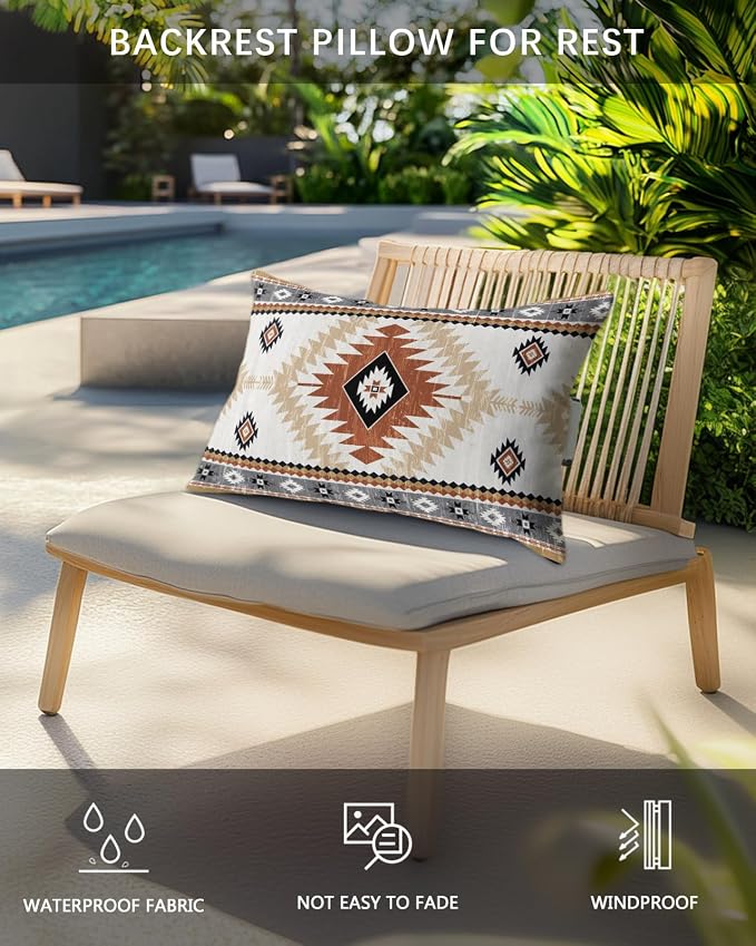 Outdoor Pillows Waterproof Covers Set of 2, Orange Bohemian Adjustable Elastic Chaise Lounge Headrest Pillow Covers, Aztec Boho Tribal Decorative Lumbar Pillow for Pool Patio Furniture 11x16 Inch