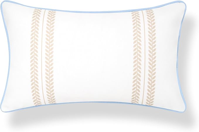 Hofdeco Premium Coastal Hampton Patio Indoor Outdoor Lumbar Pillow Cover Only, 12"x20" Water Repellent for Backyard, Couch, Poolside, Neutral Tan Blue Print Leaf Striped