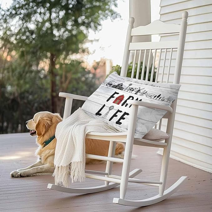 Outdoor Throw Pillows Covers 20x12 inch Set of 2 Waterproof Farm Life Decorative Zippered Cushion Covers for Patio Furniture, Farmhouse Barn Windmill Cow Chicken Tractor Wood Lumbar Pillowcases