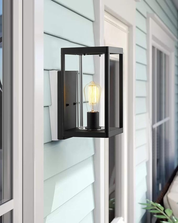 Beionxii Dusk to Dawn Outdoor Wall Sconces, Modern Exterior Porch Light Wall Mount Lantern, Black Cast Aluminum w/Clear Cylinder Glass - A291W-1PK