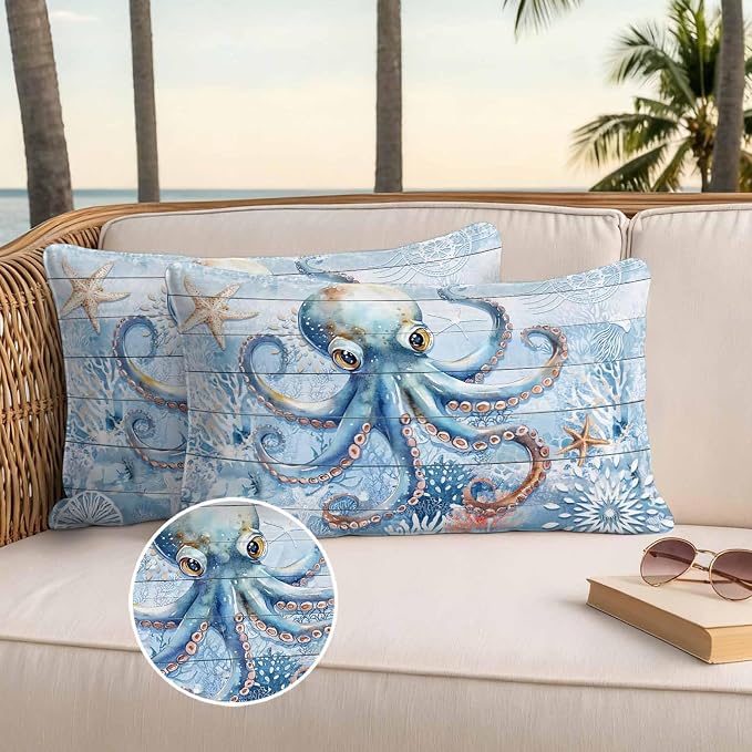 Coastal Octopus Waterproof Outdoor Pillow Covers Set of 2 Home Decor, Nautical Sea Starfish Coral Wooden Grain Pillowcase Patio Pillow Covers for Couch Bench Furniture Garden 20x12in