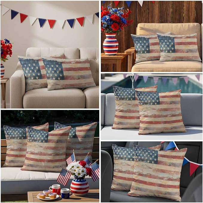 Independence Day Outdoor Pillow Covers 20"x20" Set of 2, Retro Country USA Flag Memorial Day Waterproof Throw Pillow Covers for Patio Furniture, Decorative Cushion Covers for Porch