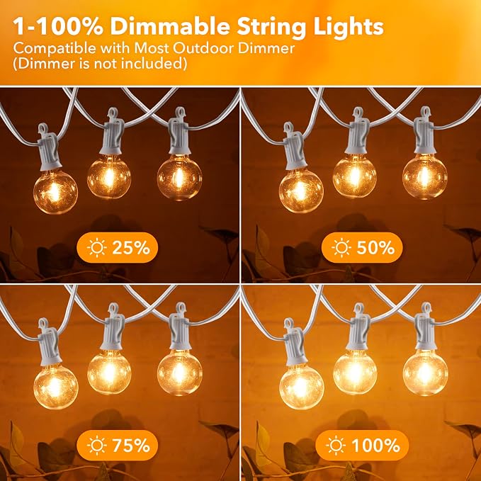 Outdoor String Lights, 50FT 25 LED Bulbs IP65 Waterproof Patio Lights | Shatterproof Dimmable Hanging Connectable G40 Globe LED Outdoor Lights for Christmas, Backyard, Bistro, Porch