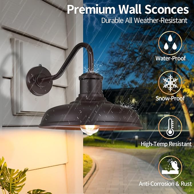 13.8'' Large Dusk to Dawn Outdoor Gooseneck Barn Light, 2 Packs | Outdoor Wall Sconce Farmhouse Exterior Lighting Fixture Industrial Lantern for House, Porch, Entryway, Garage, Brown