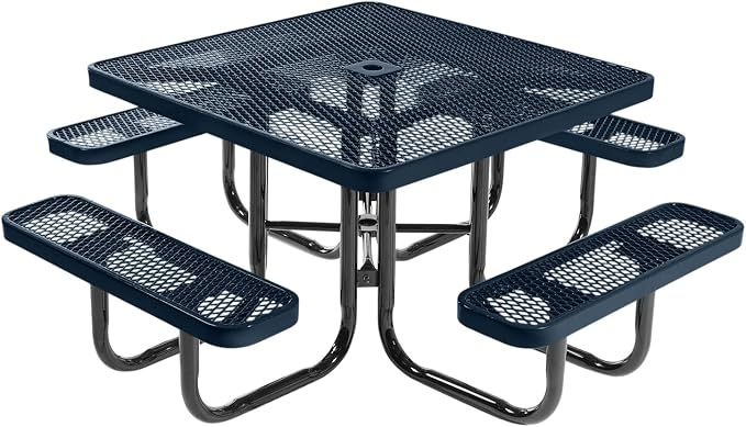 COATEDOUTDOORFURNITURE Heavy-Duty Portable Outdoor Picnic Table with Umbrella Hole, Expanded Metal Commercial-Grade Patio Dining Furniture Made in America (46" Square Top, Dark Blue)