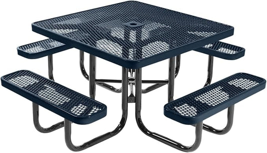 COATEDOUTDOORFURNITURE Heavy-Duty Portable Outdoor Picnic Table with Umbrella Hole, Expanded Metal Commercial-Grade Patio Dining Furniture Made in America (46" Square Top, Dark Blue)