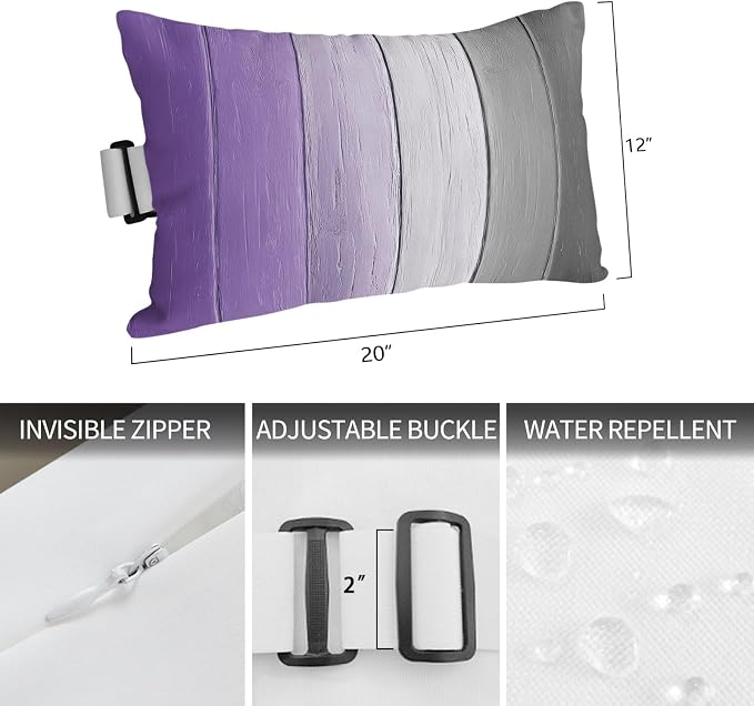 Purple Gray Ombre Outdoor Pillows for Chaise Lounge Chair Beach Headrest Pillow Set of 2 Waterproof Lumbar Pillows with Insert&Strap Vintage Country Wooden Recliner Neck Pillow for Patio Pool 12"x20"