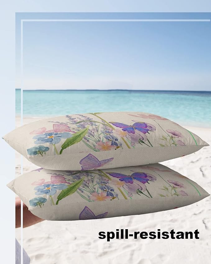YOKOU Waterproof Throw Pillow Covers, Floral Print Butterfly Watercolor Flower Spring Summer Farm Decorative Pillowcase Soft Cushion Case for Patio Couch Tent Balcony, Set of 2 Rectangle, 20"X12"