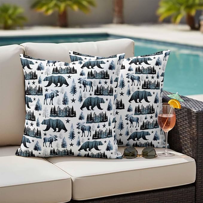 Bear Elk Cabin Outdoor Pillow Covers 18x18 Inch Throw Pillow Covers Set of 2 Waterproof Decorative Pillow Cases Farmhousee Pine Tree Forest Blue Cushion Covers for Patio Furniture Garden Couch Sofa