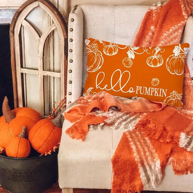 RABUSOFA Fall Pillow Covers 12x20 Inch Set of 2 Thanksgiving Autumn Orange Hello Pumpkin Maple Leaf Lumbar Harvest Outdoor Throw Cushion Cases Seasonal Fall Farmhouse Decorations for Home Couch Patio