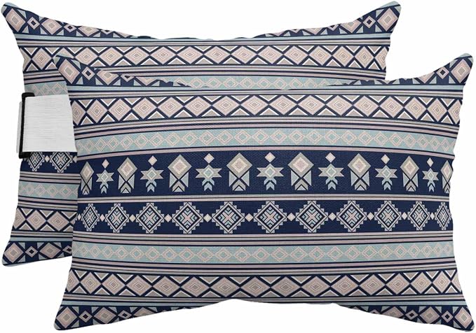 Outdoor Lumbar Pillow Set of 2, Navy Blue Boho Striped Waterproof Beach Headrest Pillow with Inserts, Southwestern Ethnic Tribe Vintage Recliner Throw Pillows for Patio Furniture, 12 x 20
