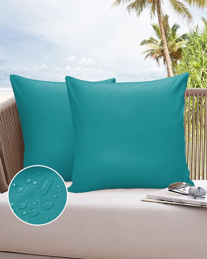 Outdoor Waterproof Pillow Covers for Patio Furniture Teal Blue Decorative Throw Pillow Cover Solid Color Pillowcases Set of 2 Cushion Case for Sofa Couch Chair Home Decor 24x24 inch x 2pcs