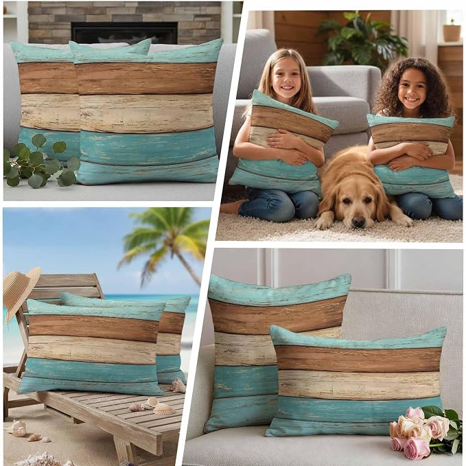 Farmhouse Aqua Brown Outdoor Waterproof Pillow Covers, Vintage Wooden Striped Decorative Square Throw Pillowcase Sofa Cushion Sham for Patio/Couch/Chair, 18"x18" 2 Pack