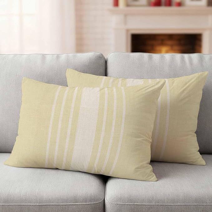 Lumbar Pillow Covers 20x12 Inch Set of 2, Cream Beige Striped Waterproof Outdoor Cushion Covers, Modern Farmhouse Retro Lines Decorative Pillowcases for Couch, Sofa, Bed, Garden, Patio