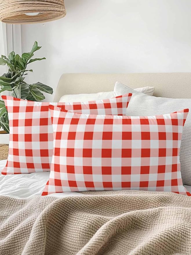 Waterproof Outdoor Pillow Set of 2 Red Buffalo Plaid Decorative Throw Pillows Cover & Insert 20x12 Inch Lumbar Pillowcase Check Lines Pillows for Couch Sofa Bed Patio Furniture Indoor Outdoor