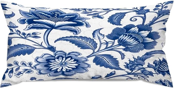 Set of 2 Blue and Ivory Indigo Floral Pillow Covers 12x24in Farmhouse Canvas Cushion Covers Outdoor for Couch Chair Home Decor for Family Friends