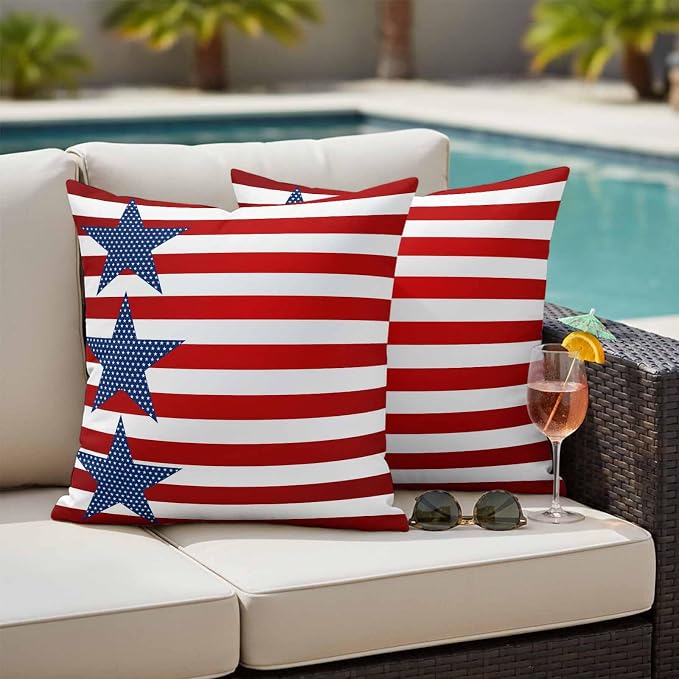 4th of July Outdoor Throw Pillows Covers 18x18 inch Set of 2 Waterproof Patriotic American Flag Zippered Cushion Covers for Patio Furniture, Red White and Blue Stars Stripes Lumbar Pillowcases