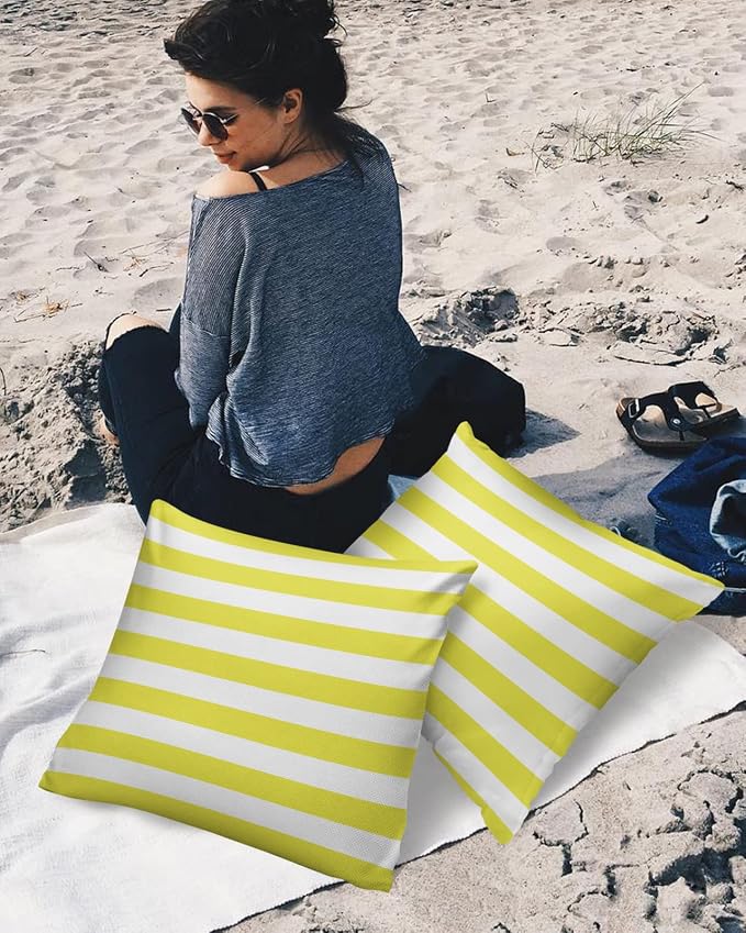 Outdoor Waterproof Pillow Covers for Patio Furniture Yellow and White Stripes Decorative Throw Pillow Cover Solid Striped Pillowcases Set of 2 Cushion Case for Sofa Couch Chair 20 x 20 in