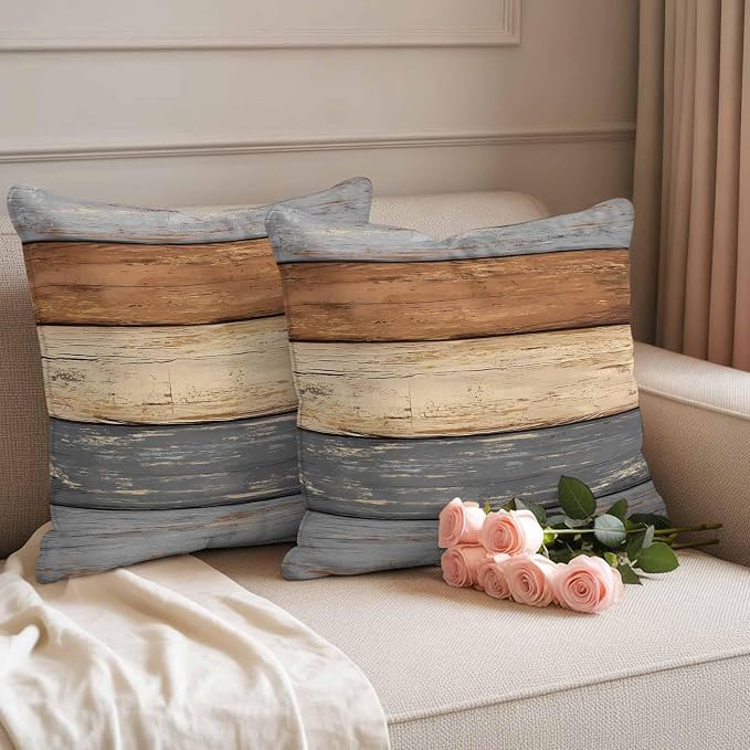 Farmhouse Haze Blue Brown Outdoor Waterproof Pillow Covers, Vintage Wooden Striped Decorative Square Throw Pillowcase Sofa Cushion Sham for Patio/Couch/Chair, 18"x18" 2 Pack