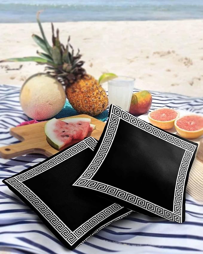 Simple Greek Art Outdoor Pillow Covers Set of 2,Decorative Waterproof Throw Pillow Case, Classic Greece Black White Cotton Linen Soft Cozy Cushion Pillowcases