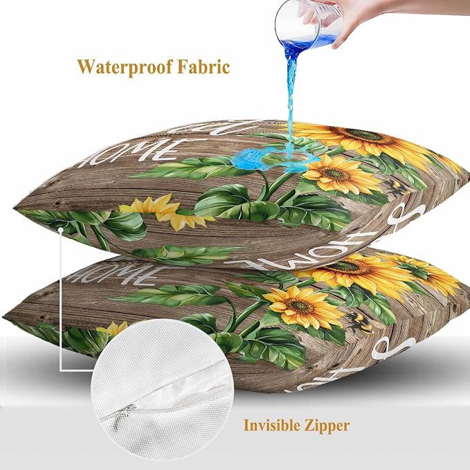 Throw Pillow Covers 26x26 Inch Set of 2, Sunflower Brown Waterproof Outdoor Pillow Covers, Farmhouse Bee Country Wooden Grain Decorative Cushion Pillowcases for Couch, Sofa, Bed, Garden, Patio