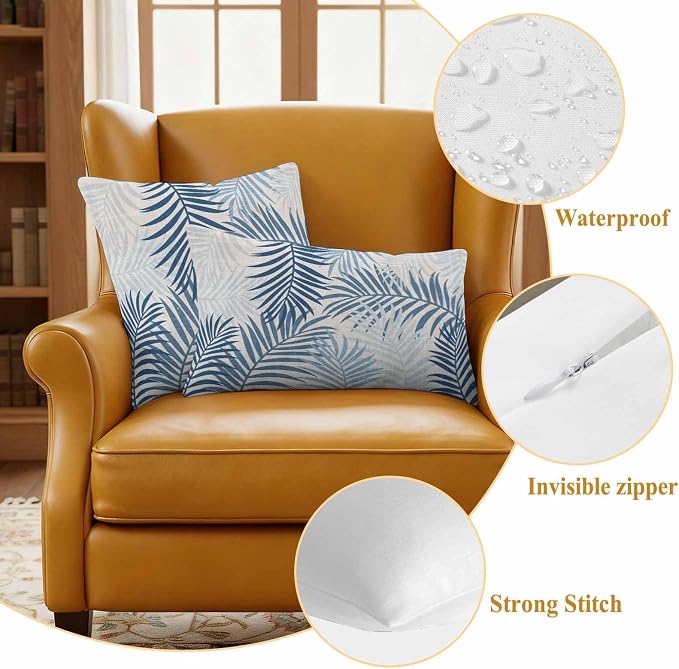Outdoor Waterproof Throw Pillow Covers, Blue Grey Palm Leaves Decorative Pillow Cases, Summer Botanical Tropical Leaf Couch Pillow Protector Patio Sofa Cushion Covers Replacement 20"x12" 2 Pack