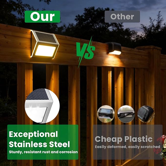 JSOT Solar Lights Perfect for Deck, Fence, Stair, Step Decor-Warm White-8P | Stainless Steel, Waterproof, Solar Powered, Garden, Patio, Deck Rail