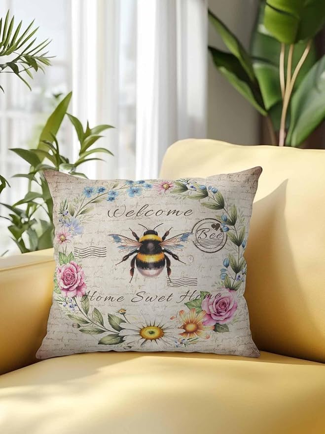 Outdoor Waterproof Throw Pillows Farmhouse Flower Leaf Wreath Patio Pillows,Decorative Pillow Covers with Insert,Pillow Cushion Case for Garden Couch Sofa Rustic Bee Retro Letter