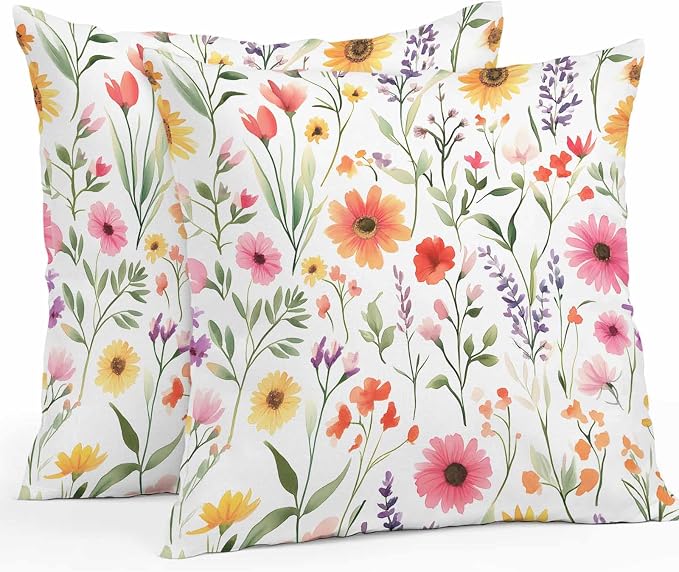 Spring Outdoor Throw Pillow Cover Watercolor Flower Leaves Waterproof Cushion Covers 2 Pack Pillow Cases Home Decoration for Patio Garden Couch Sofa,Garden Floral Art