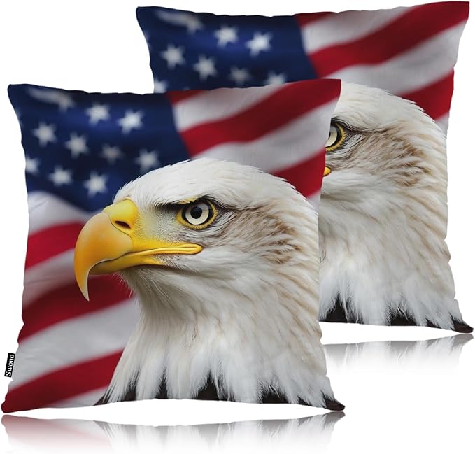 Swono American Bald Eagle Pack of 2 Throw Pillow Cases, Eagle On USA Flag Cozy Pillow Cover Square 18"X18" Cushion Case Set Pillowcase Decorative for Home Sofa Bedroom Car Office