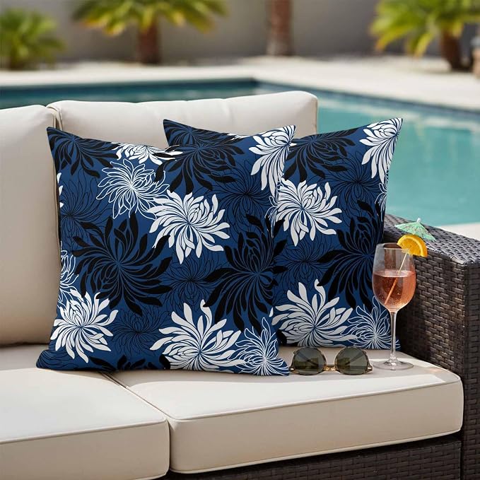 Yukro Blue Black Floral Outdoor Waterproof Pillow Covers Pack of 2, Vintage Blue White Black Flower Decorative Throw Pillowcases Cushion Covers for Garden Patio Tent Sofa Couch, 26x26 inch