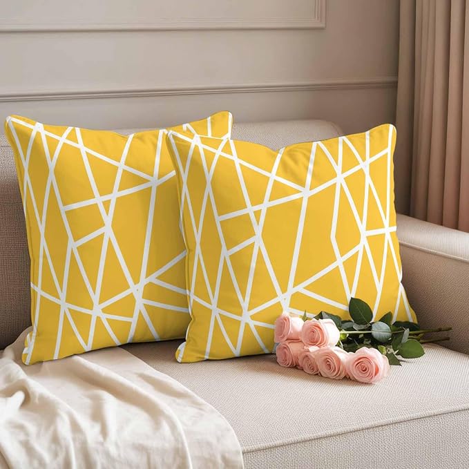 Outdoor Pillow Covers Waterproof, Yellow Geometric Decorative Square Throw Pillowcases Patio Cushion Covers for Tent/Garden, 20" x 20" 2 Pack, Abstract Stripes Modern Minimalist