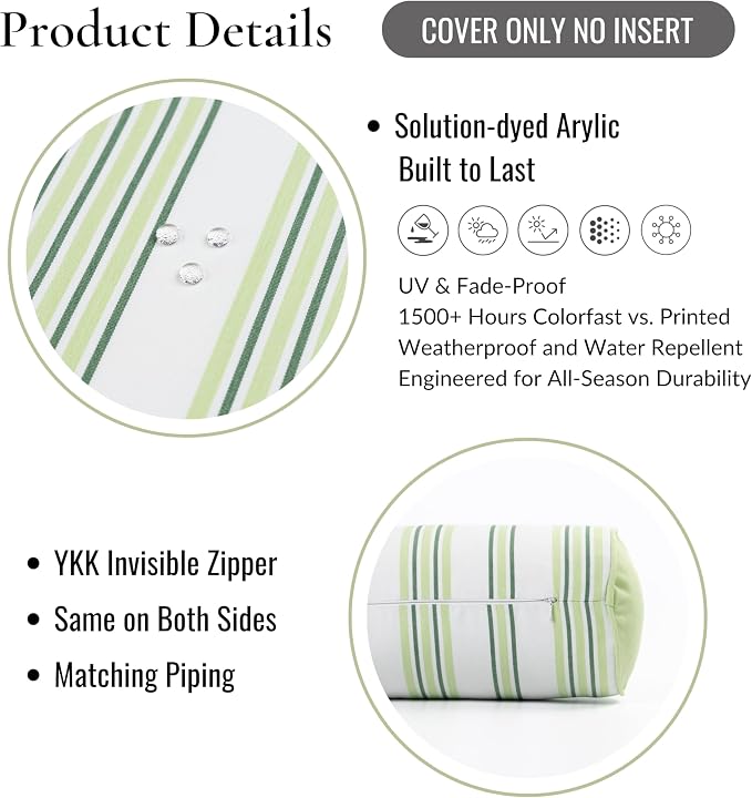 Hofdeco Premium Coastal Hampton Outdoor Performance Bolster Pillow Cover Only, 6"x20" Water Repellent, UV and Fade Resistant for Backyard, Couch, Poolside, Grass Green Woven Bayside Stripes